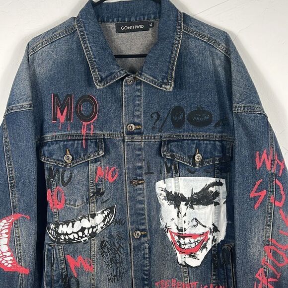 🔥 “RARE” THE JOKER Batman DENIM JEAN JACKET “Trucker Style” - Sz XL - PERFECT - Picture 2 of 11